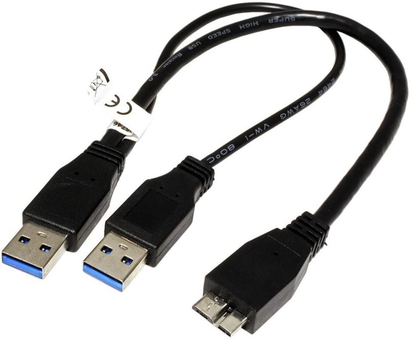 Datový kabel OEM USB SuperSpeed 5Gbps Y kabel 2x USB 3.0 A(M) - microUSB 3.0 B(M), 0,3m, černý