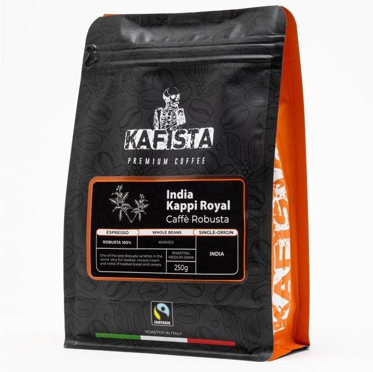 Káva Kafista "India Kappi Royal" - 100% Robusta, Pražená v Itálii - zrnková káva na espresso 250 g