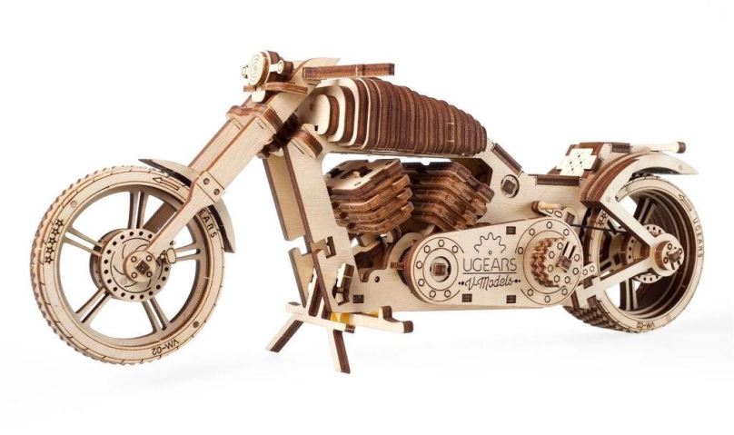 Stavebnice Ugears 3D dřevěné mechanické puzzle VM-02 Motorka (chopper)