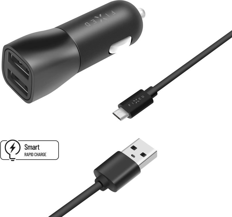 Nabíječka do auta FIXED s 2xUSB výstupem a USB/micro USB kabelu 1 metr 15W Smart Rapid Charge černá