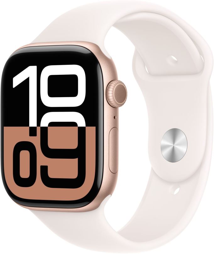 Chytré hodinky Apple Watch Series 10 46mm Růžově zlatý hliník se světle ruměným sportovním řemínkem - M/L