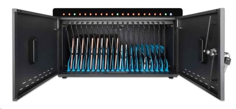 BScom Stolní nabíjecí skříň pro 20 tabletů, 360W, USB-C nabíjení, přepěťová ochrana, tichá ventilace, kovové pouzdro, černá