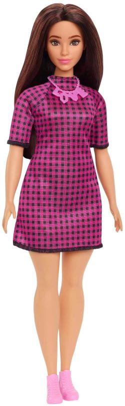 Panenka Barbie Modelka - Černo-Růžové Kostkované Šaty