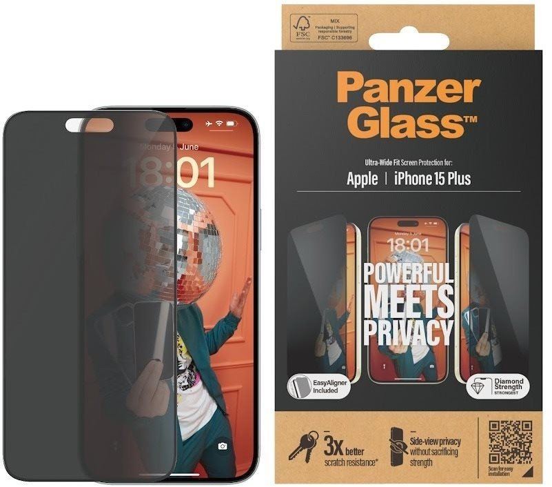 Ochranné sklo PanzerGlass Privacy Apple iPhone 15 Plus s instalačním rámečkem