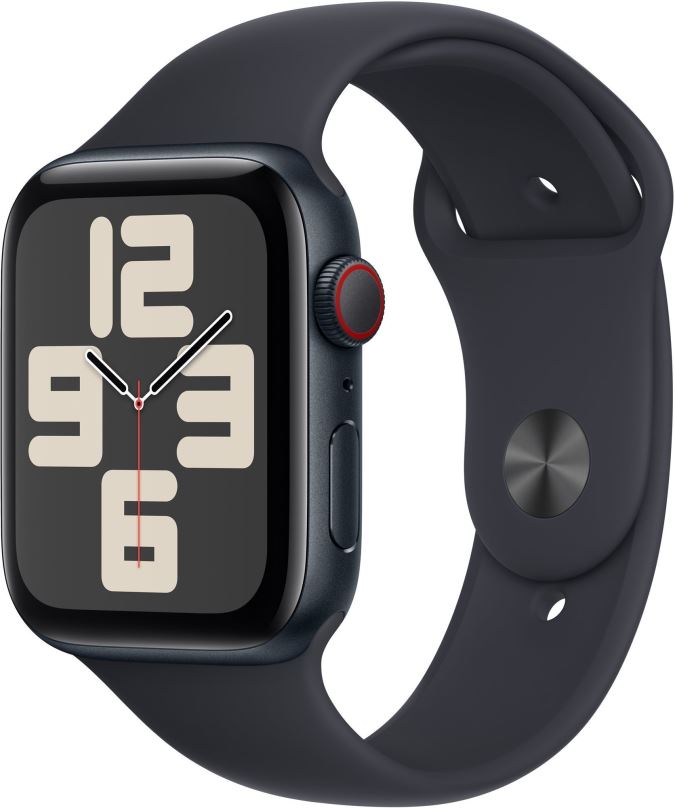 Chytré hodinky Apple Watch SE Cellular 44mm Temně inkoustový hliník s temně inkoustovým sportovním řemínkem - S/M