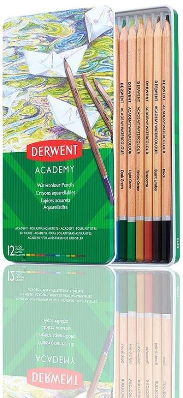 Pastelky DERWENT Academy Watercolour Pencils Tin v plechové krabičce, šestihranné, 12 barev