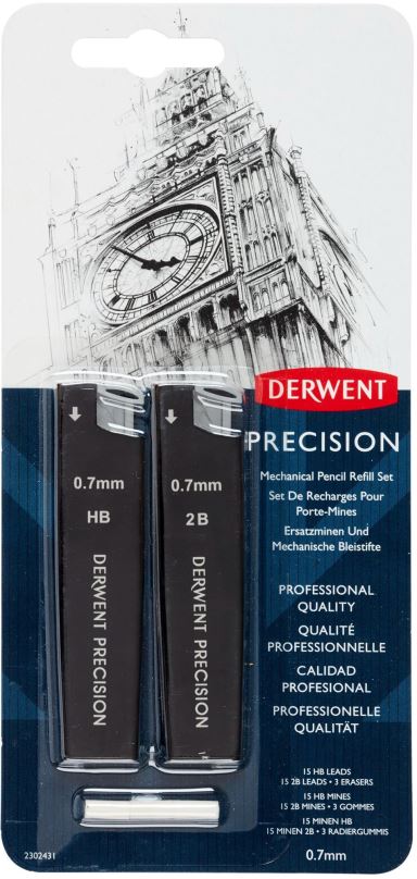 Grafitová tuha DERWENT Precision Mechanical Pencil Refill Set 0.7 mm HB a 2B, 30 tuh v balení + 3 gumy