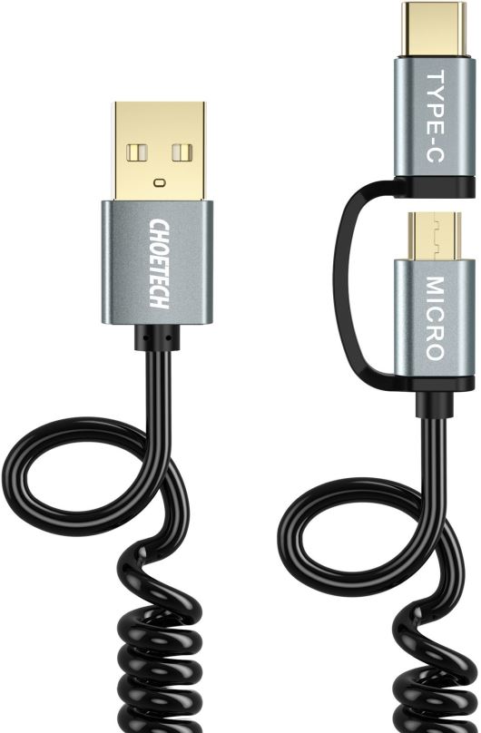 Datový kabel ChoeTech 2 in 1 USB to Micro USB + Type-C (USB-C) Spring Cable 1.2m