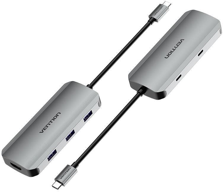 Replikátor portů Vention 6-in-1 USB-C to HDMI / USB-C / USB 3.0 x 3 / PD Docking Station 0.15M Gray Aluminum