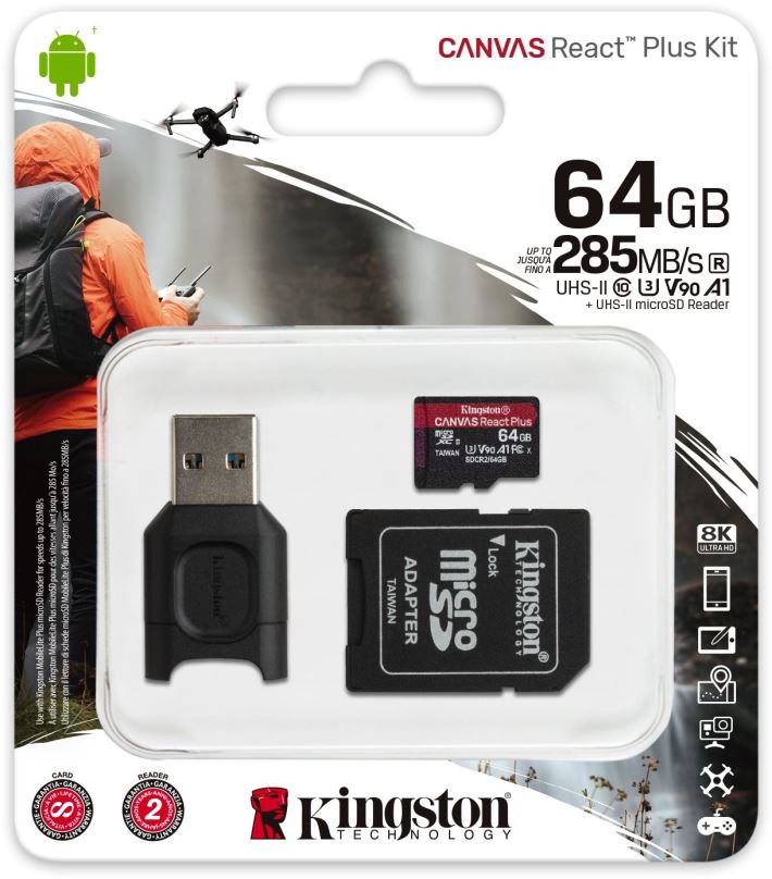 Paměťová karta Kingston MicroSDXC Canvas React Plus + SD adaptér a čtečka karet