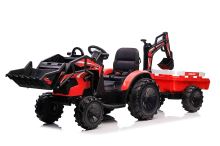 Dětský elektrický traktor TOP-WORKER 12V s naběračkami a přívěsem, červený