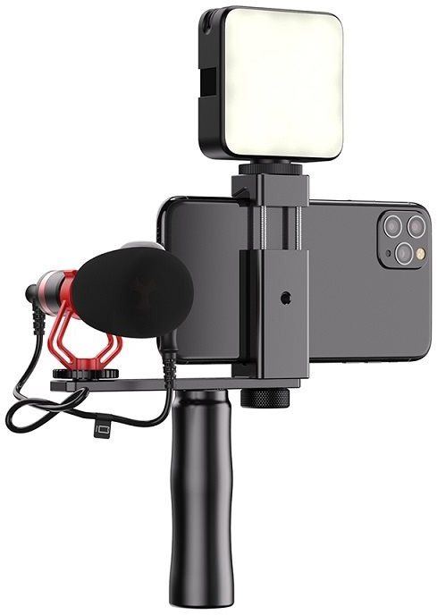 Držák na mobilní telefon Apexel Video Rig s mikrofonem a LED světlem