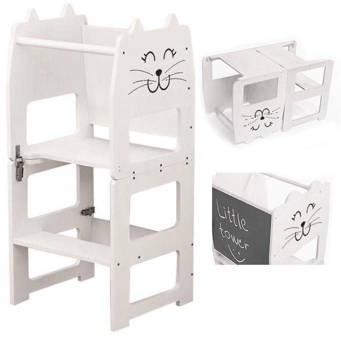 Učicí věž Dětská učící věž 3v1 s kreslící tabulí rozložitelná na stoleček se židličkou - Kočička, Bílá