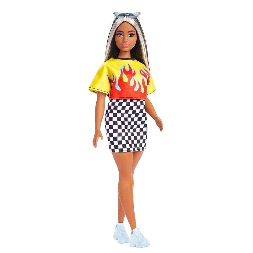 Panenka Barbie Modelka - Ohnivé Tričko A Kostkovaná Sukně