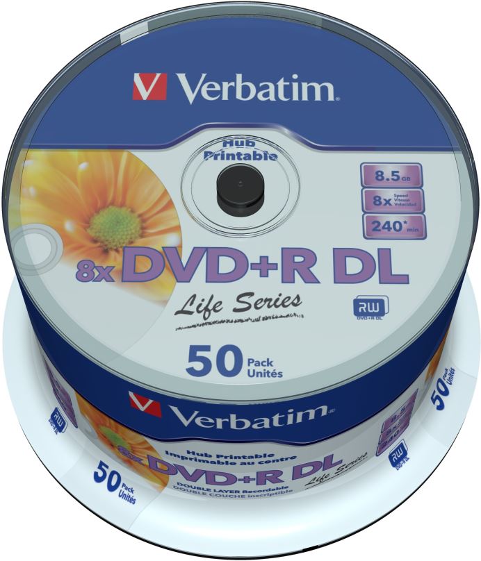 Média VERBATIM DVD+R DL 8,5GB, 8x, printable, inverse stack, spindle 50 ks