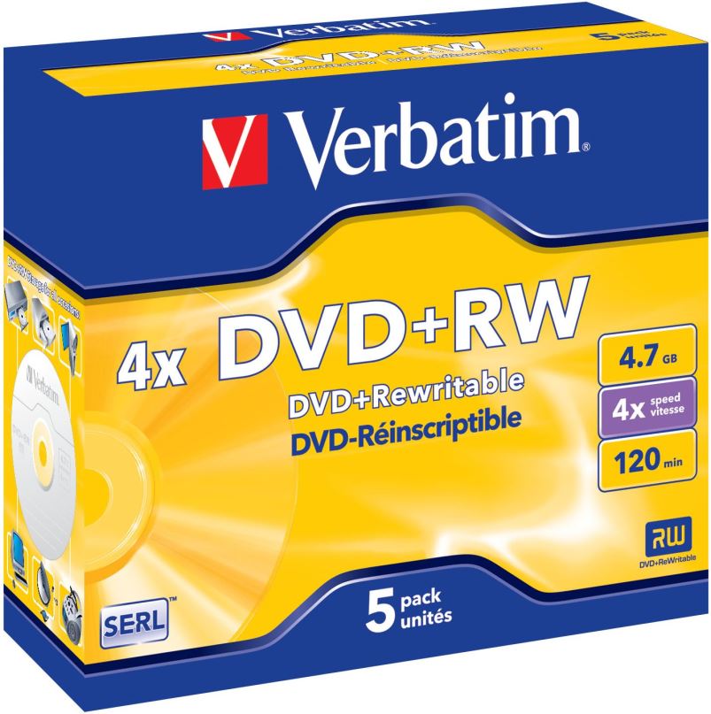Média VERBATIM DVD+RW SERL 4,7GB, 4x, jewel case 5 ks