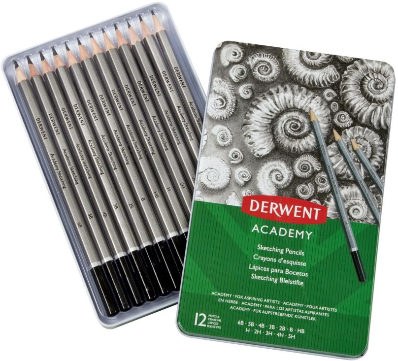 Tužka DERWENT Academy Sketching Pencils Tin v plechové krabičce, šestihranná - sada 12 tvrdostí