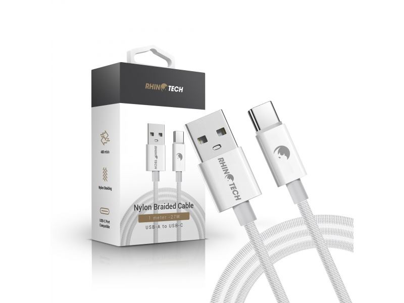 RhinoTech kabel s nylonovým opletem USB-A na USB-C 27W 1M bílá (5ks set)
