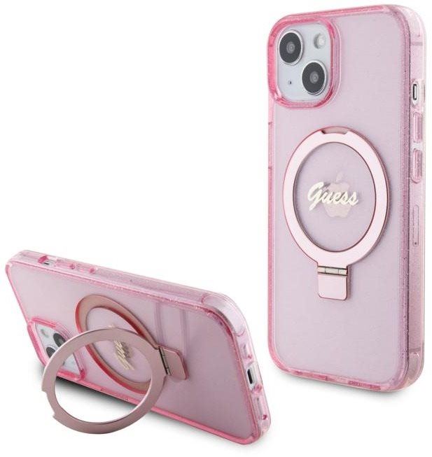 Kryt na mobil Guess IML Ring Stand Glitter MagSafe Zadní Kryt pro iPhone 15 Pro Max Pink