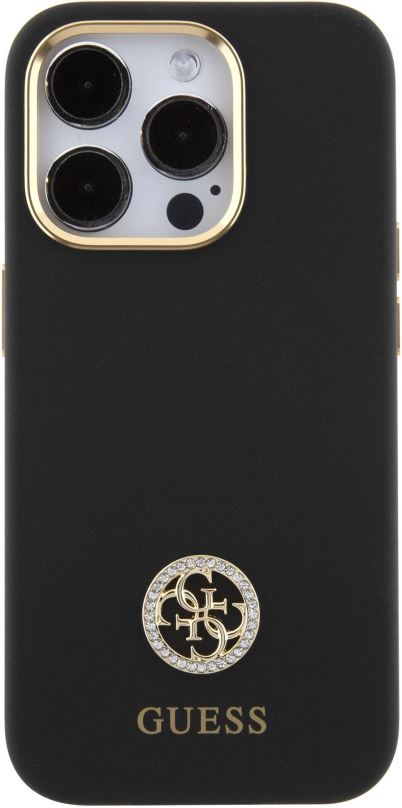 Kryt na mobil Guess Liquid Silicone 4G Strass Metal Logo Zadní Kryt pro iPhone 15 Pro Max Black