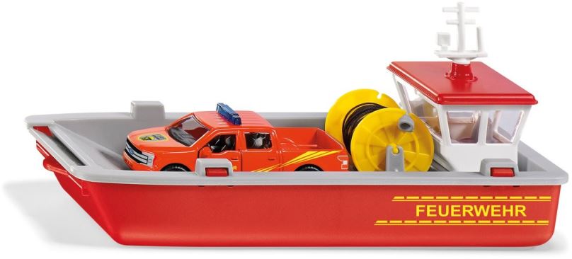 Kovový model Siku Super - člun převážející hasičské auto 1:50