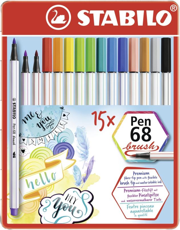 Fixy STABILO Pen 68 brush kovové pouzdro 15 barev