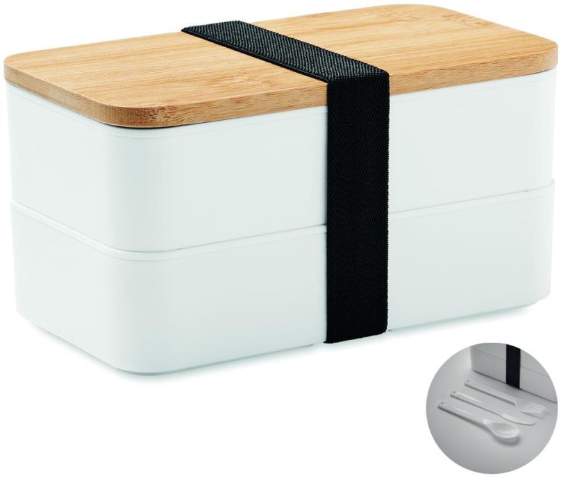 Svačinový box Sortland Box na svačiny s příborem, dřevěné víko, 800 ml, bílý