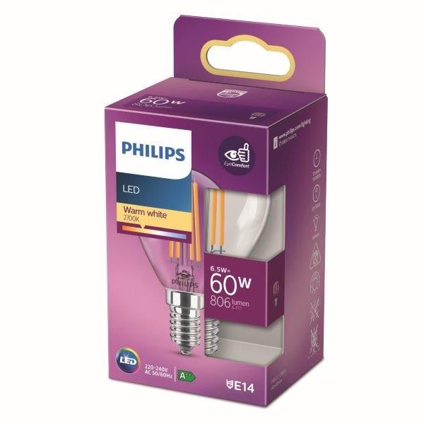 Philips 8718699762292 LED žárovka 1x6,5W | E14 | 806lm | 2700K - teplá bílá, čirá, EyeComfort
