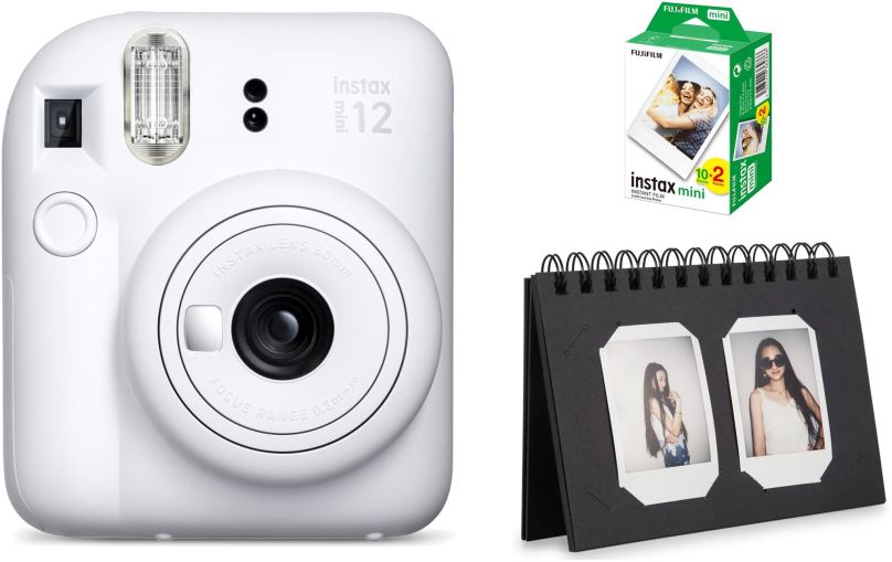 Instantní fotoaparát FujiFilm Instax Mini 12 Clay White + mini film 20ks fotek + Instax desk album 40 Black