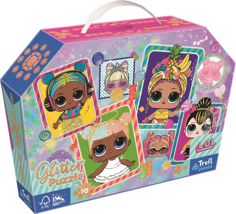 Puzzle Trefl Třpytivé Glitter puzzle v kufříku L.O.L. Surprise: Barevné panenky 70 dílků