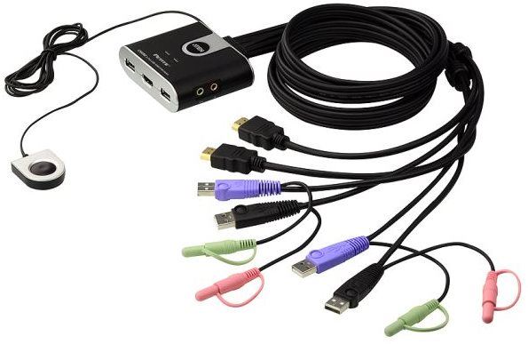 Přepínač ATEN 2-port HDMI KVM USB2.0 mini, audio, 1.2m kabely, DO