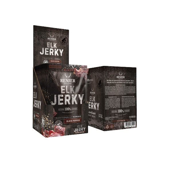 Sušené maso Renjer Modern Nordic Elk (Losi) Jerky Black Pepper 300 g display