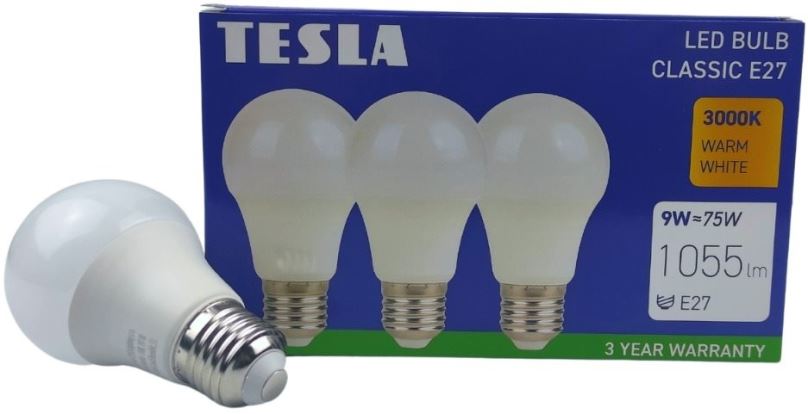 LED žárovka Tesla - LED žárovka BULB E27, 9W, 230V, 1055lm, 25 000h, 3000K teplá bílá, 220st 3ks v balení