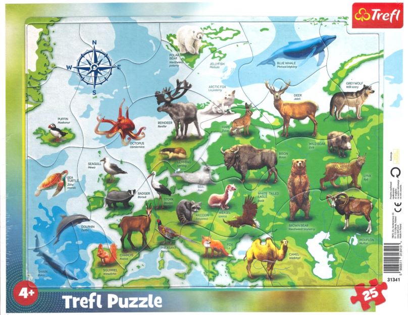 TREFL Puzzle Mapa Evropy se zvířátky 25 dílků