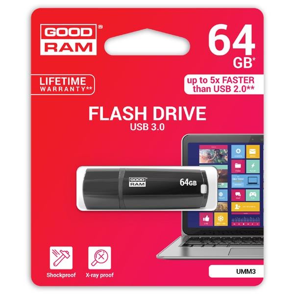 Goodram USB flash disk, USB 3.0, 64GB, UMM3, černý, UMM3-0640K0R11, USB A, s krytkou