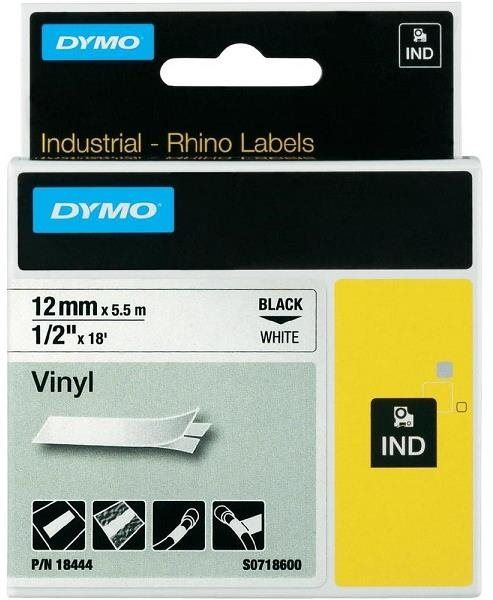 Dymo originální páska do tiskárny štítků, Dymo, 18444, S0718600, černý tisk/bílý podklad, 5.5m, 12mm, RHINO vinylová profi D1