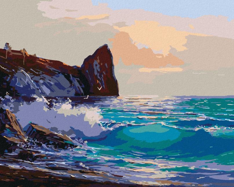 Malování podle čísel Pláž s vlnami narážejícími do skal, 40x50 cm, bez rámu a bez vypnutí plátna