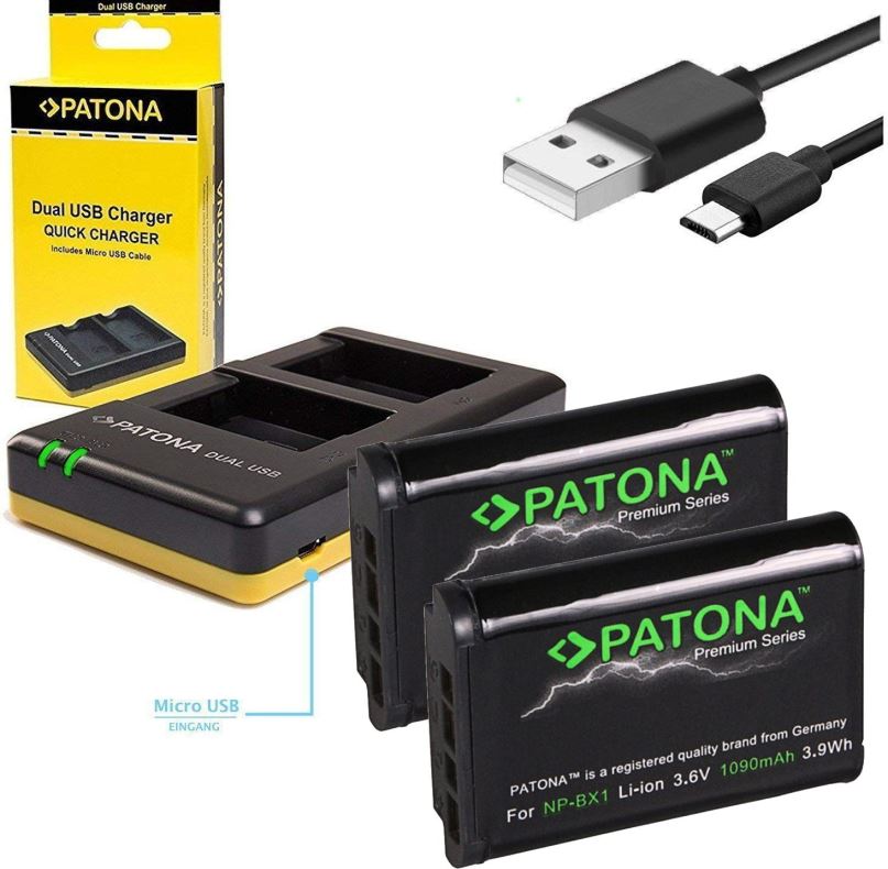 Nabíječka baterií fotoaparátů a videokamer PATONA Dual Quick pro Sony NP-BX1 + 2x baterie 1090mAh USB