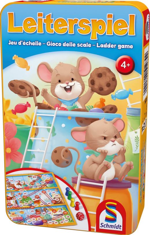 Společenská hra SCHMIDT Dětská hra Myšky a žebříky v plechové krabičce