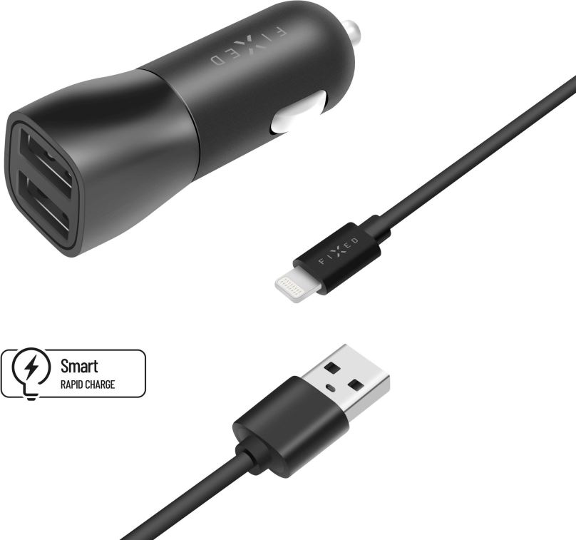 Nabíječka do auta FIXED s 2xUSB výstupem a USB/Lightning kabelu 1 metr MFI certifikace 15W Smart Rapid Charge černá