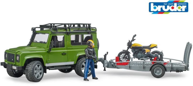 Auto Bruder Volný čas - Land Rover Defender s vlekem a motorkou a řidičem