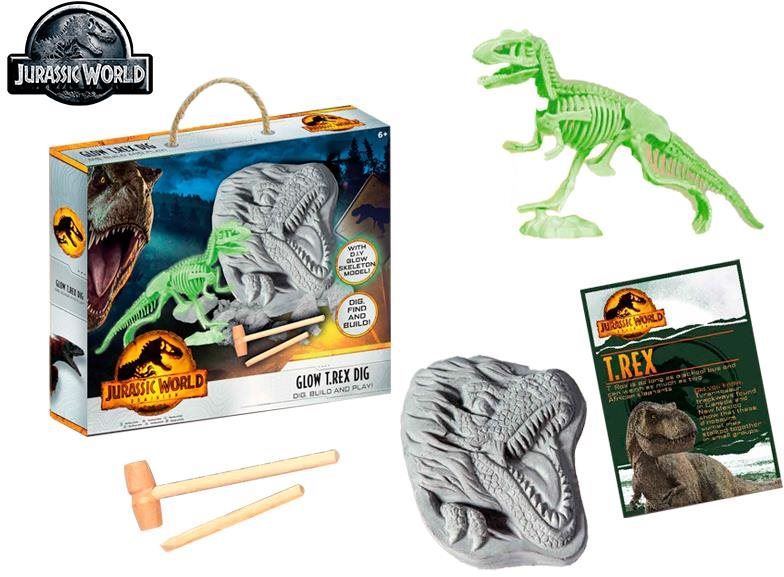 Kreativní sada JURSKÝ SVĚT sada vytesej si kostru dinosaura T-Rex svítící ve tmě s doplňky v krabičce