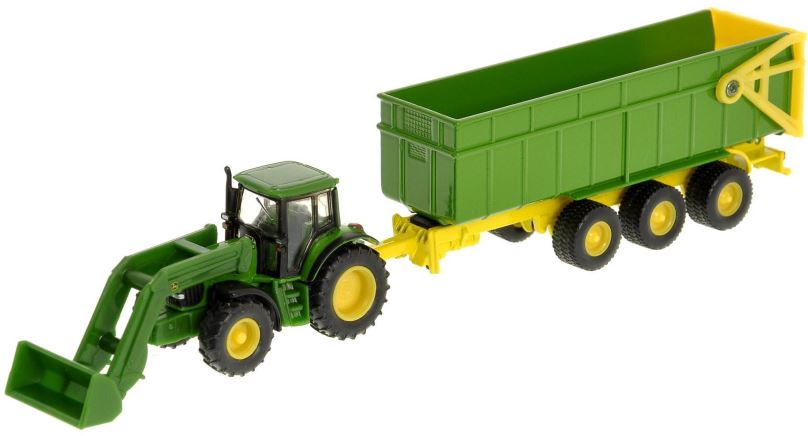 Kovový model Siku Farmer - John Deere s čelním nakladačem a přívěsem