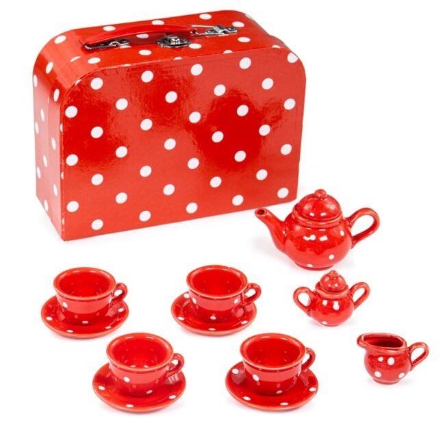 Nádobí do dětské kuchyňky Červený puntikovaný čajový set