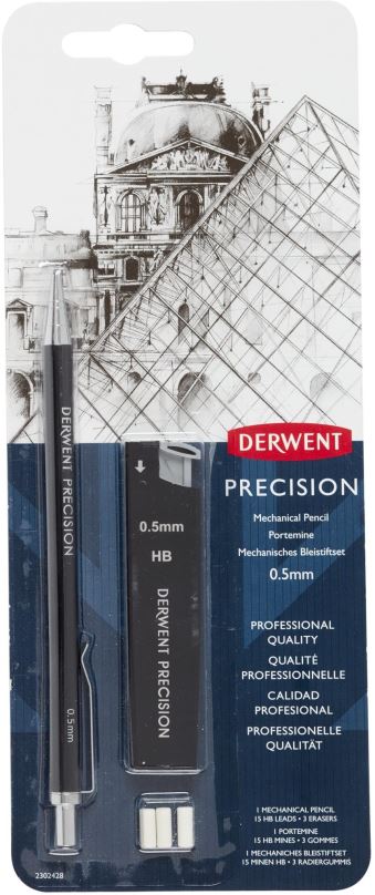 Mikrotužka DERWENT Precision Mechanical Pencil Set 0.5 mm HB, 15 tuh v balení + 3 gumy
