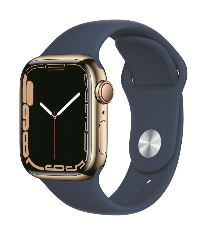 Chytré hodinky Apple Watch Series 7 45mm Cellular Zlatý nerez s hlubokomořsky modrým sportovním řemínkem