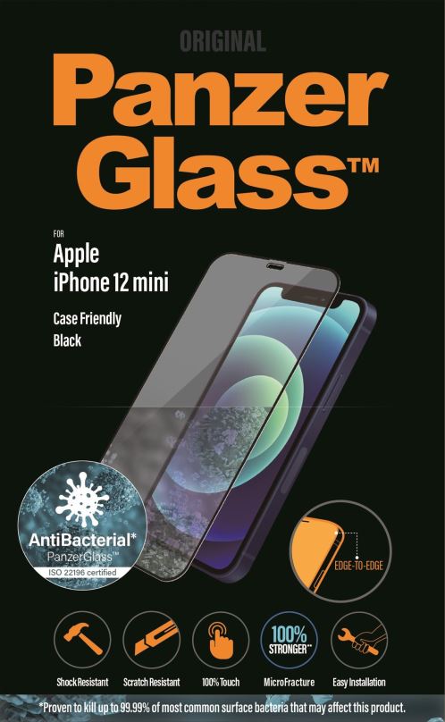 Ochranné sklo PanzerGlass Edge-to-Edge Antibacterial pro Apple iPhone 12 Mini černé