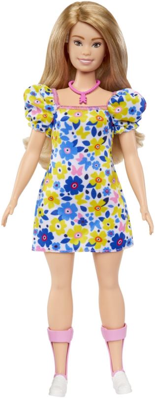 Panenka Barbie Modelka - Šaty s modrými a žlutými květinami