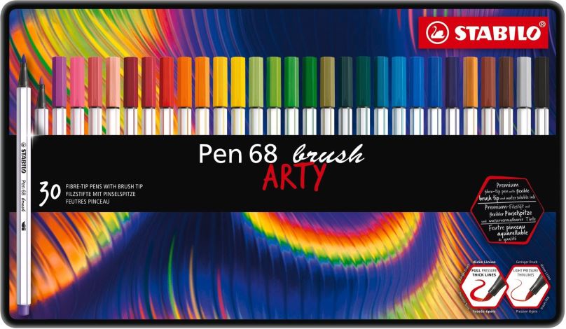 Fixy STABILO Pen 68 brush s flexibilním štětcovým hrotem, kovové pouzdro 30 barev