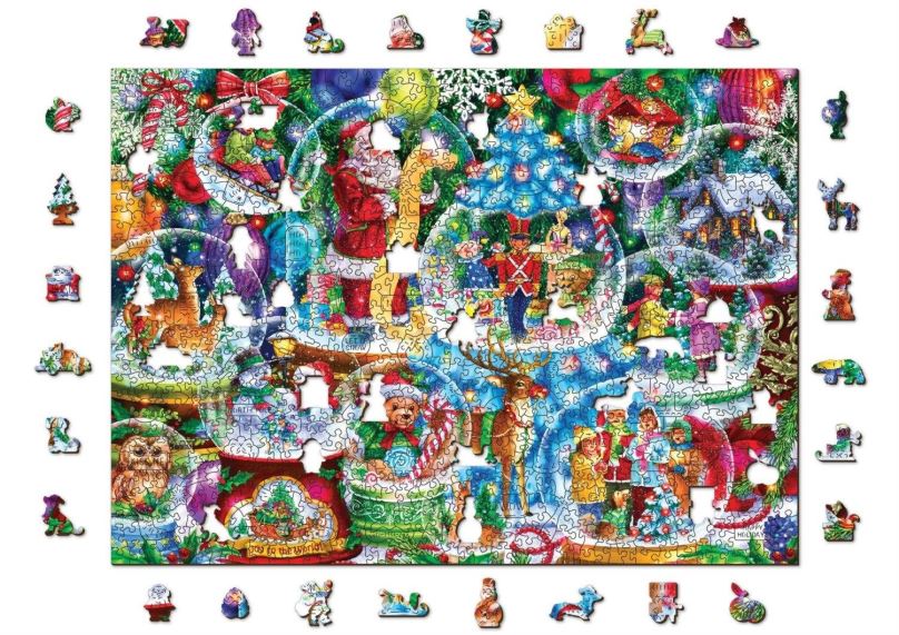 Puzzle Woden City Dřevěné puzzle Vánoční sněžítka 2v1, 1010 dílků eko